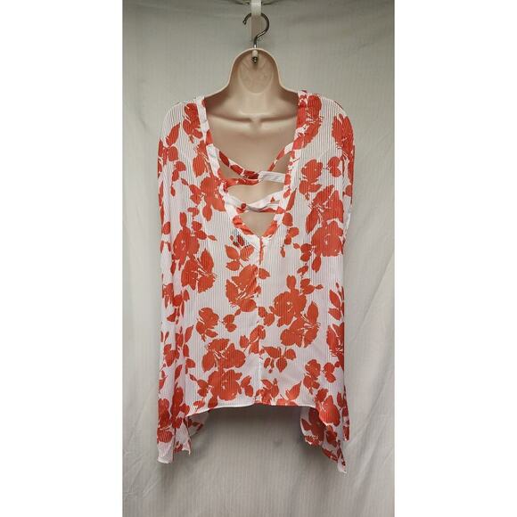Bold Elements Floral V-Neck Blouse Hanky Hem White/Coral Size 2X - Picture 4 of 8